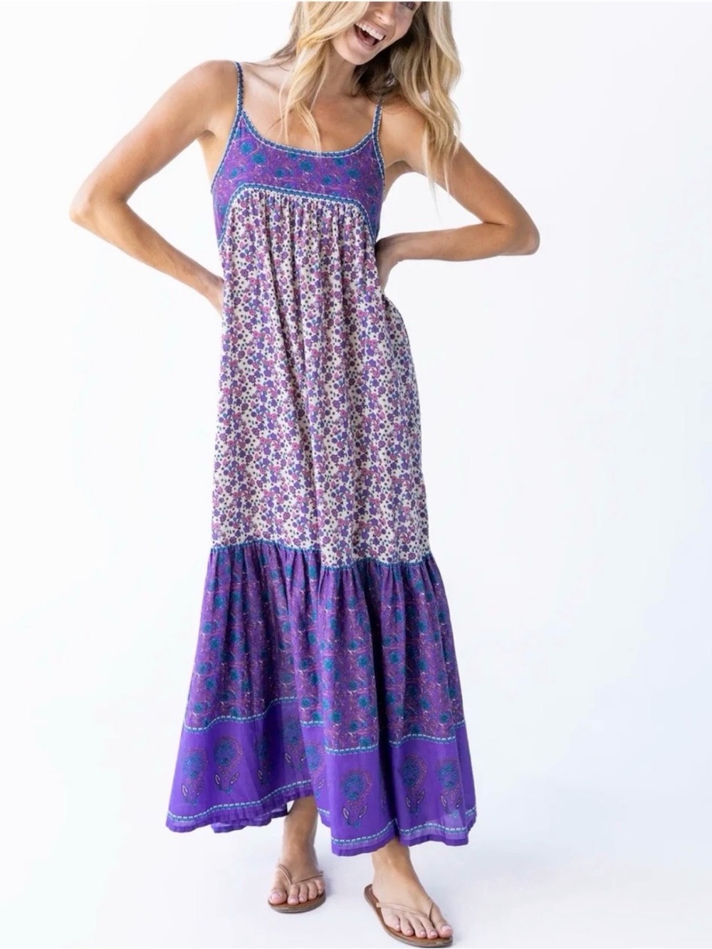Natural Life Boho Patchwork
Floral Cotton Maxi Dress Purple
Smocked Cottagecore